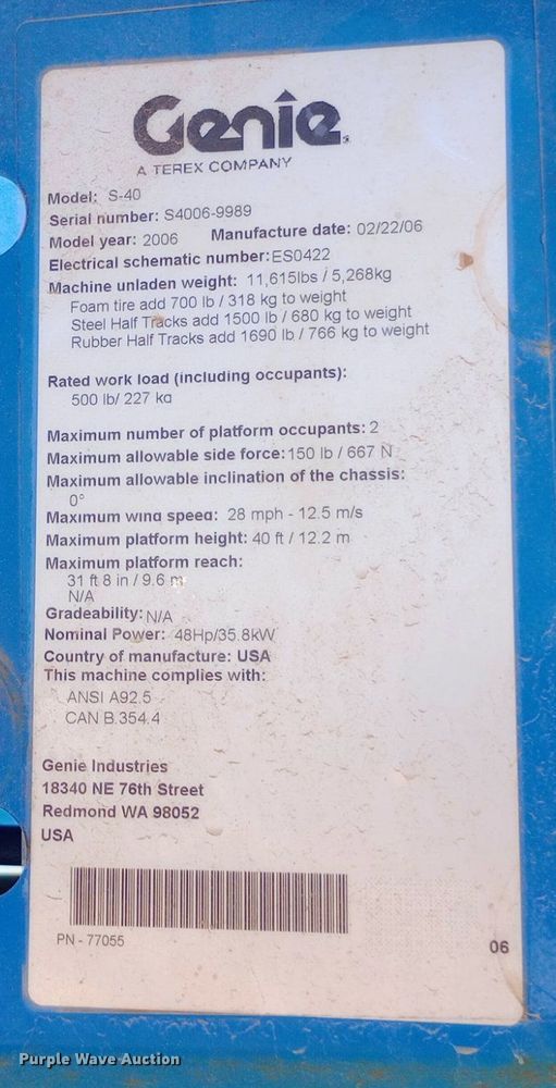image for item DO7027 2006 Genie S-40 boom lift