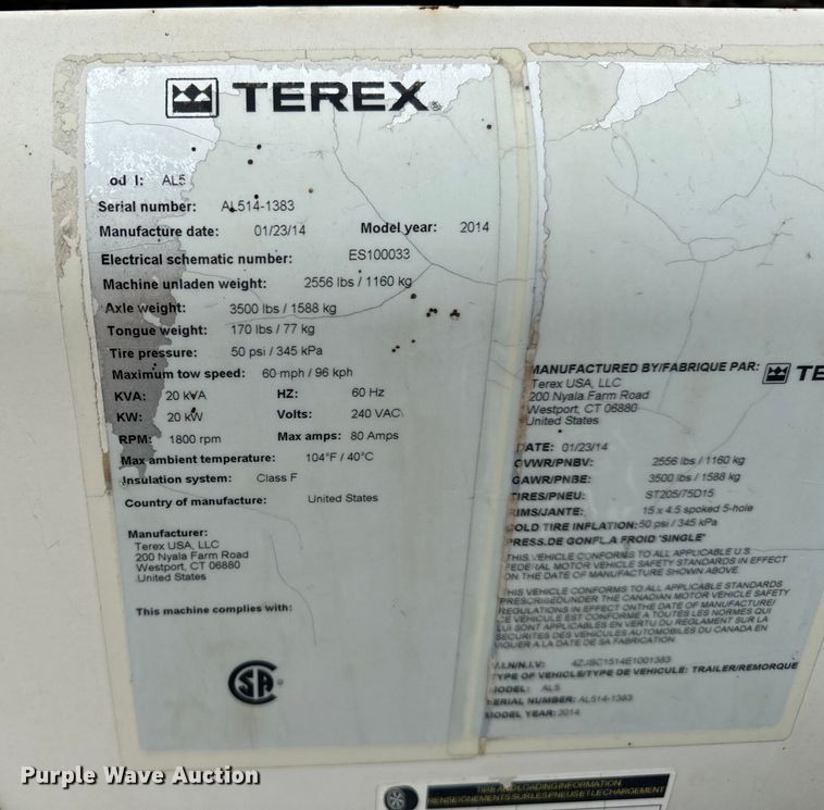 image for item DO7048 2014 Terex AL5 light plant