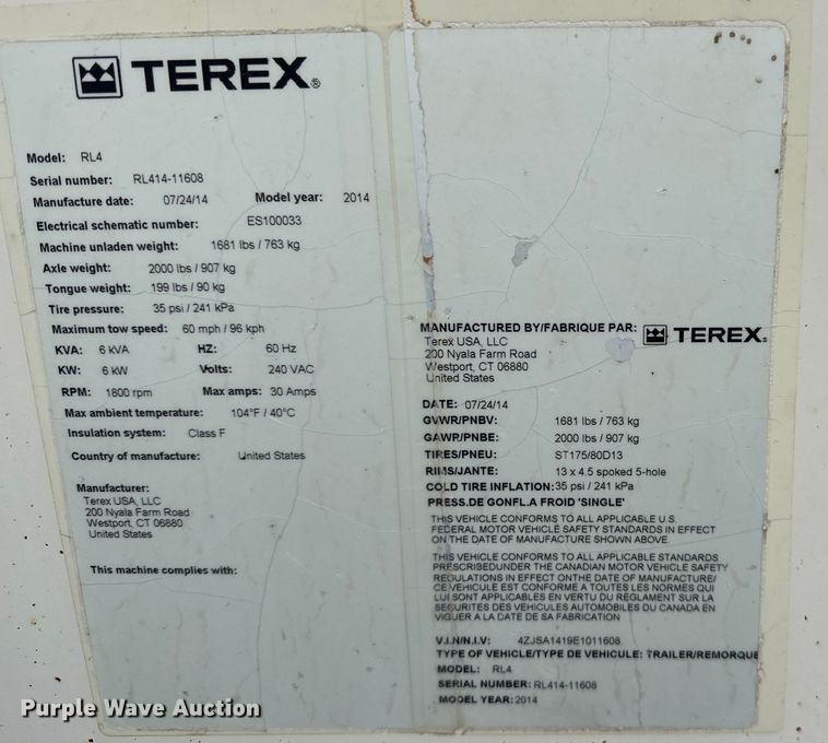 image for item DO7081 2014 Terex RL4 light plant