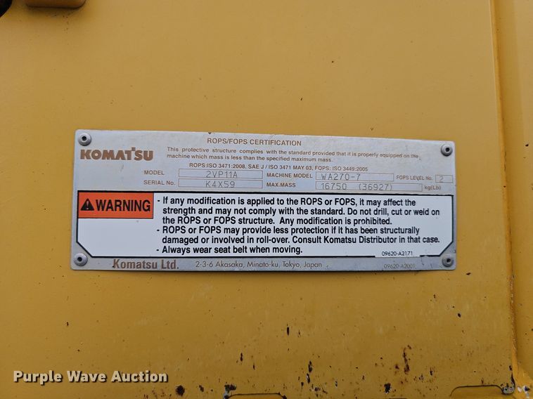 image for item DP0949 2016 Komatsu WA270-7 wheel loader