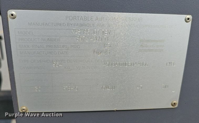 image for item DP1034 2014 Atlas Copco XAS 185 JD7 TBV air compressor