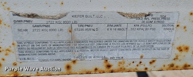 image for item DP6475 2004 Kiefer Built LLC reel trailer