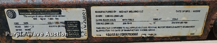 image for item DP6476 2019 Red Hot Welding LLC reel trailer