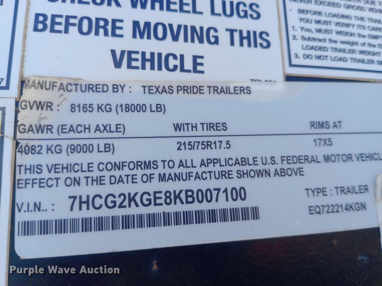 image for item DQ7141 2019 Texas Pride tilt deck equipment trailer