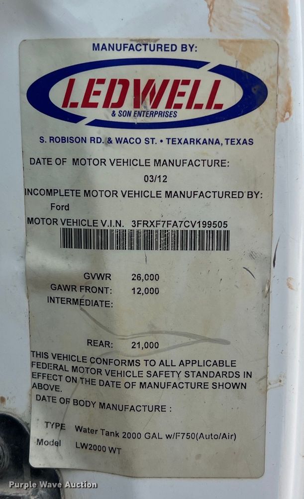 image for item DS3096 2012 Ford F750 water truck