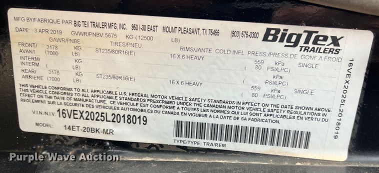 image for item DS3104 2020 BigTex 14ET equipment trailer