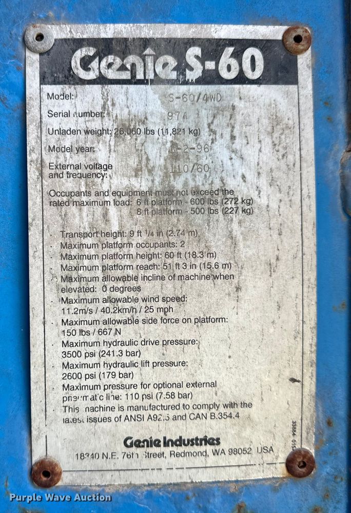 image for item EH6934 1995 Genie S-60 boom lift