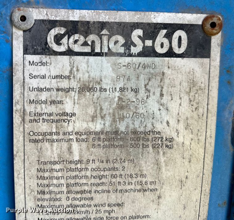 image for item EH6934 1995 Genie S-60 boom lift