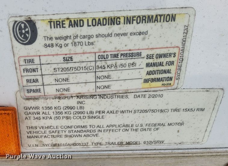 image for item EJ5699 2010 Arising Industries enclosed cargo trailer
