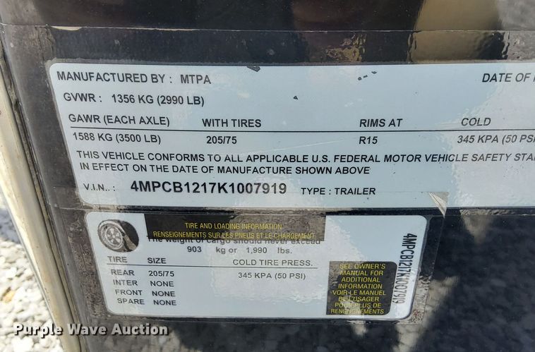 image for item EJ5700 2019 MTPA enclosed cargo trailer