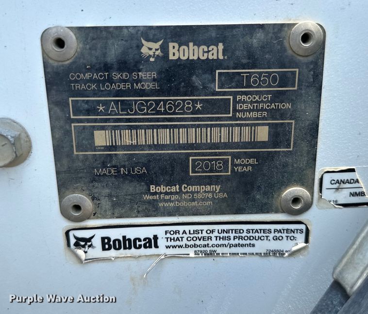 image for item EJ6939 2018 Bobcat  T650 tracked skid steer loader