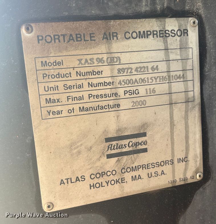 image for item EK8705 2000 Atlas Copco XAS 96 JD air compressor