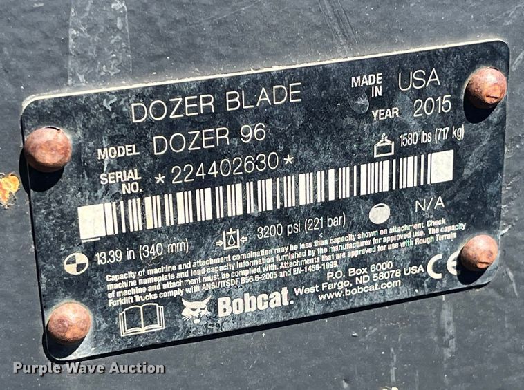 image for item EK8772 2015 Bobcat Dozer Blade 96 skid steer dozer blade