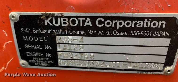 image for item JT9805 2017 Kubota U35-4 mini excavator