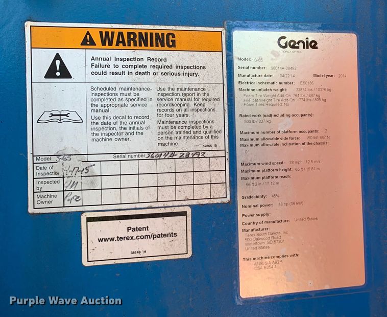 image for item JT9809 2014 Genie S-65 boom lift