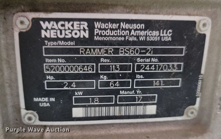 image for item KA9907 2017 Wacker Neuson BS60-2i plate compactor