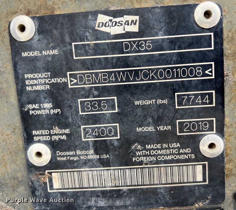 image for item LU9949 2019 Doosan DX35 mini excavator