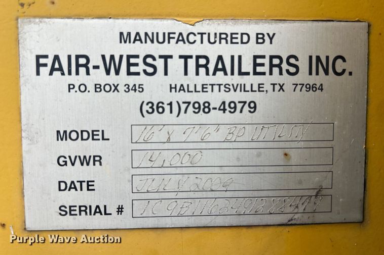 image for item LU9962 2009 Fair-West Trailers 16' x 7' 6