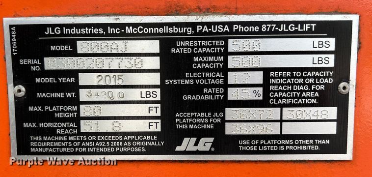 image for item LU9992 2015 JLG 800AJ boom lift