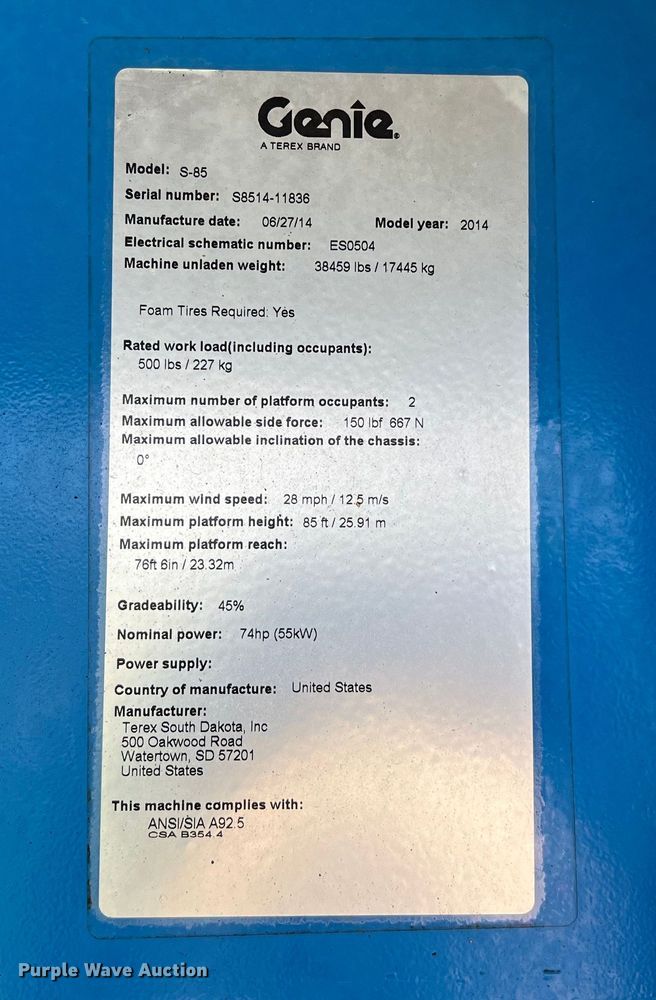 image for item LU9995 2014 Genie S-85 boom lift