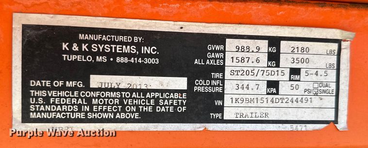 image for item NQ9615 2013 K&K Systems message board trailer