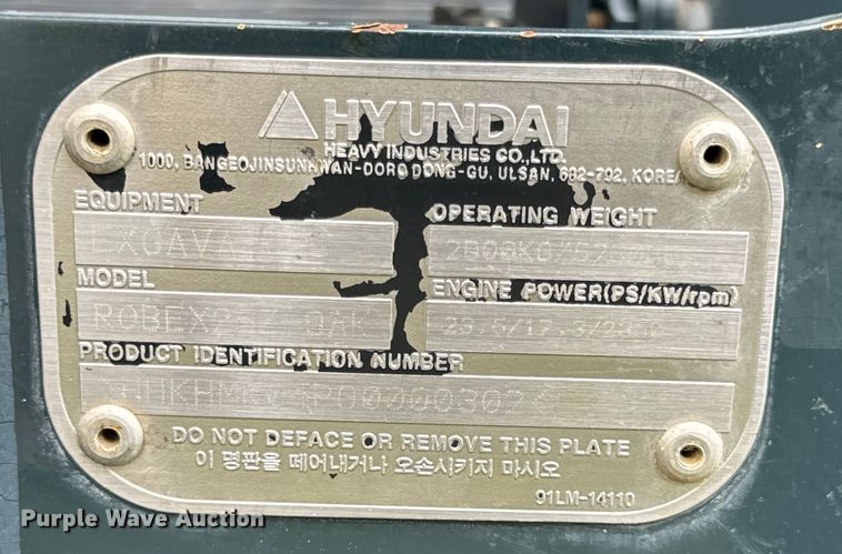 image for item OF9721 2016 Hyundai Robex 25Z-9AK mini excavator