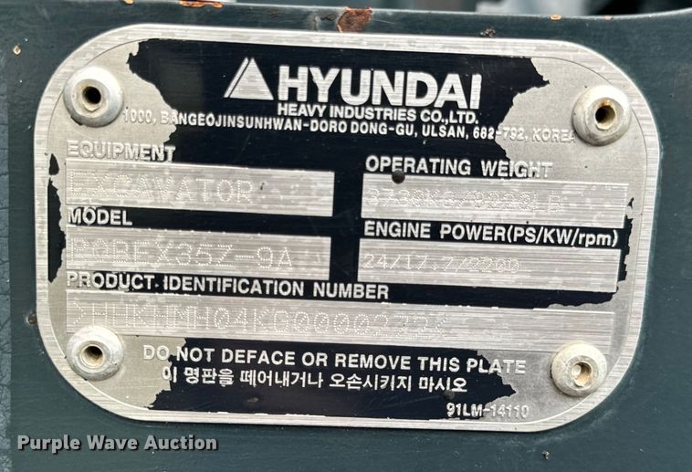 image for item OF9722 2016 Hyundai Robex 35Z-9A mini excavator