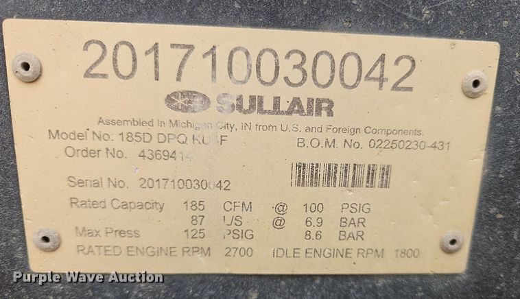 image for item OK9961 2017 Sullair 185D air compressor