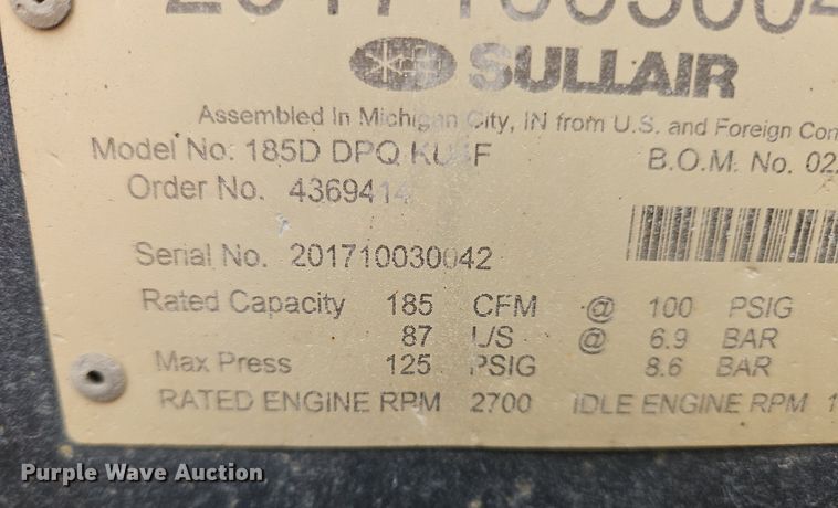 image for item OK9961 2017 Sullair 185D air compressor