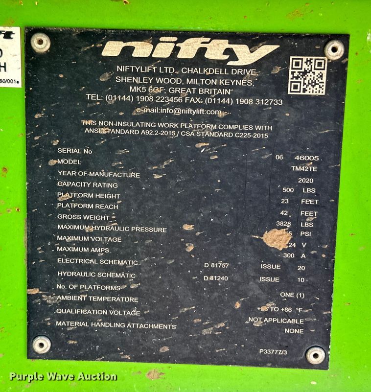 image for item OL9655 2020 Nifty Lift TM42TE boom lift