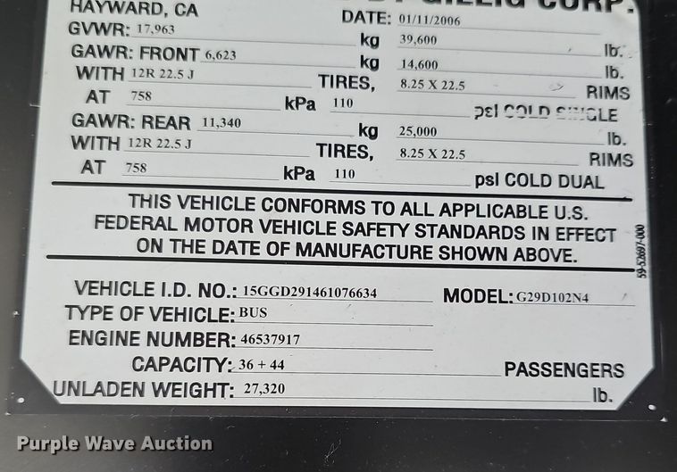 image for item DM1625 2006 Gillig  G29D102N4 transit bus