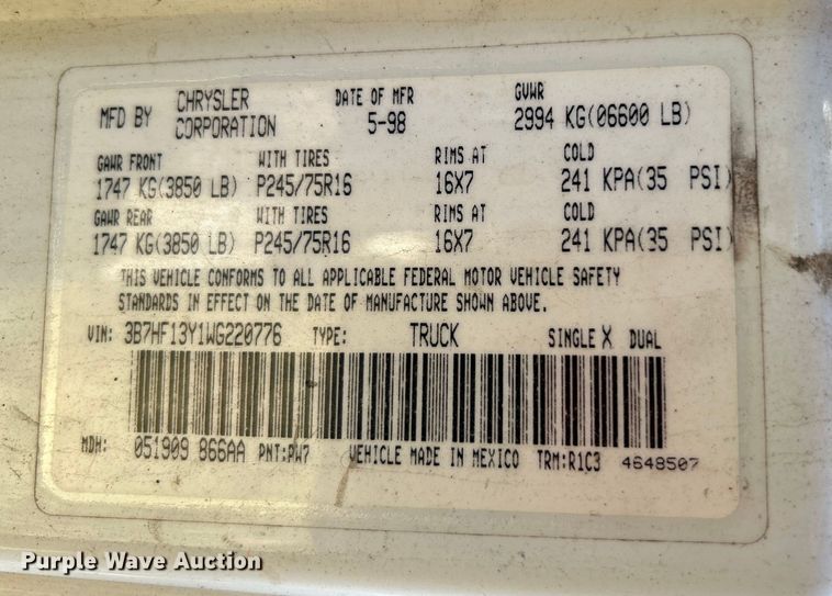 image for item DP1115 1998 Dodge Ram 1500 Quad Cab pickup truck