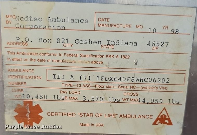 image for item DQ4391 1998 Ford E450 ambulance