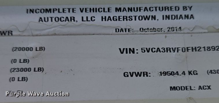 image for item DQ4461 2015 Autocar Xpeditor ACX42 refuse truck