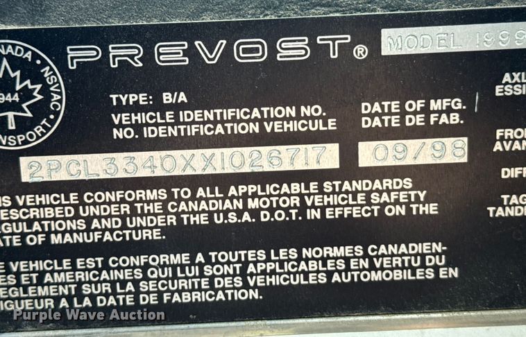 image for item DQ6833 1999 Prevost coach bus