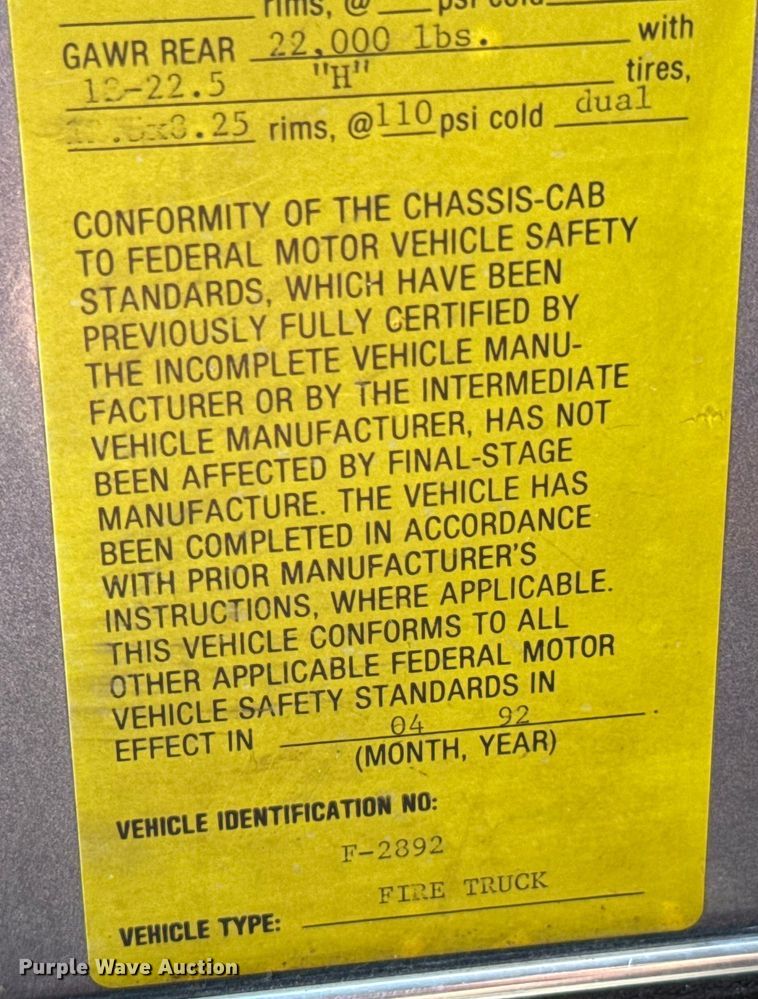 image for item DX0815 1992 Spartan 5186 600 pumper fire truck