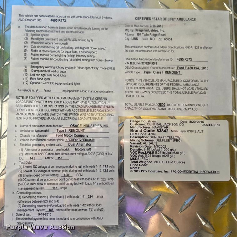 image for item EH6893 2015 Osage F450 Super Duty XLT ambulance