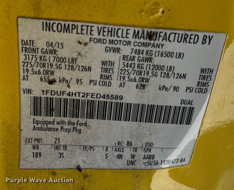 image for item EH6893 2015 Osage F450 Super Duty XLT ambulance