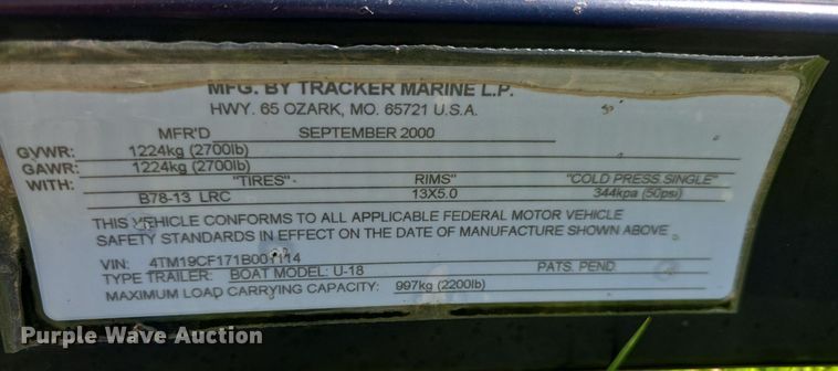 image for item EK6141 2001 TRAILSTAR U-18 boat trailer