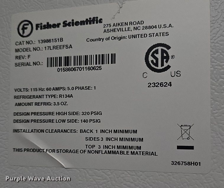 image for item EK6207 Fisher Scientific 17LREEFSA fridge 