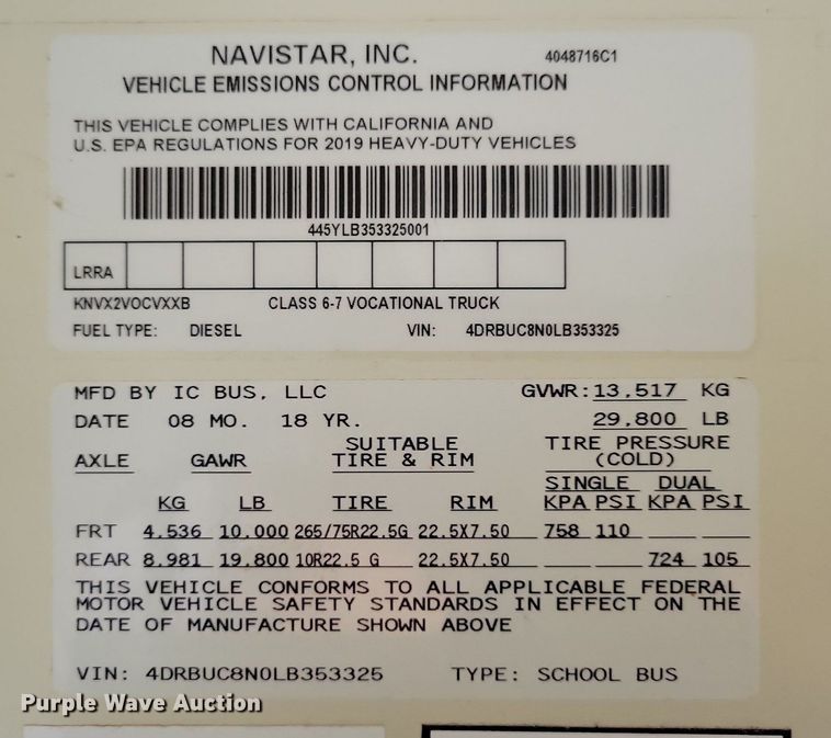 image for item KA9974 2020 IC Corporation 3000 Ce school bus