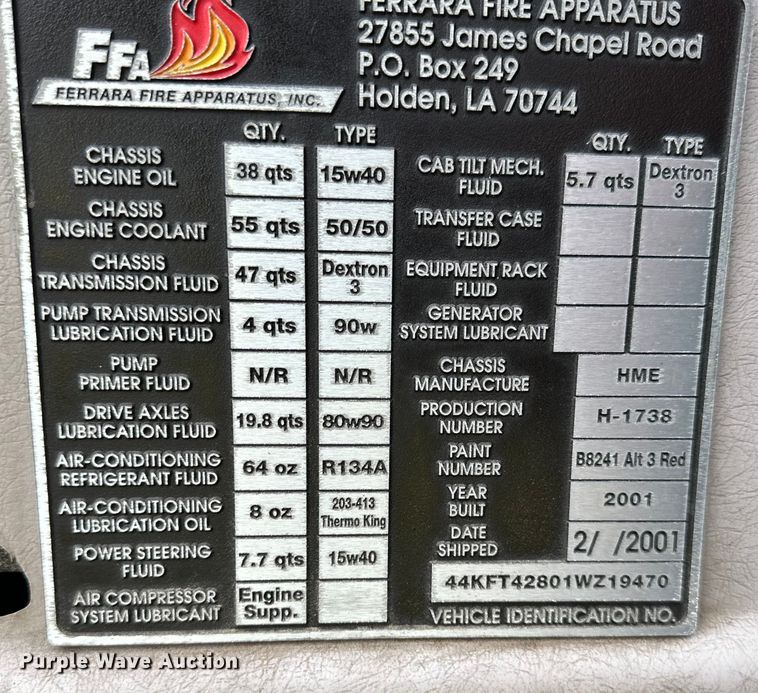 image for item NT9137 2001 HME H1738 pumper fire truck