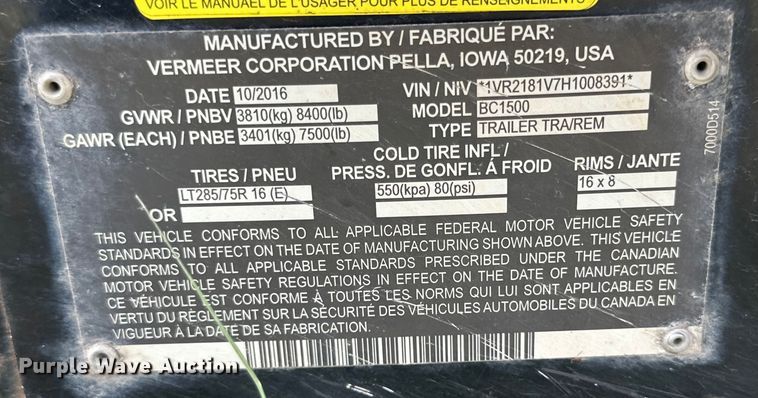 image for item DK6698 2017 Vermeer BC1500 wood chipper