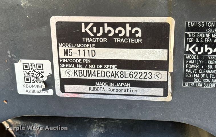 image for item DS7502 2020 Kubota  M5-111D MFWD tractor