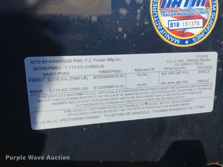 image for item DP1170 2019 PJ tilt deck equipment trailer