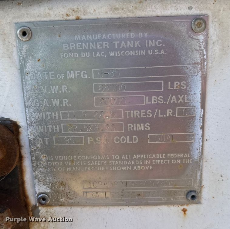 image for item DP8394 1985 Brenner  SS Transport  tank trailer