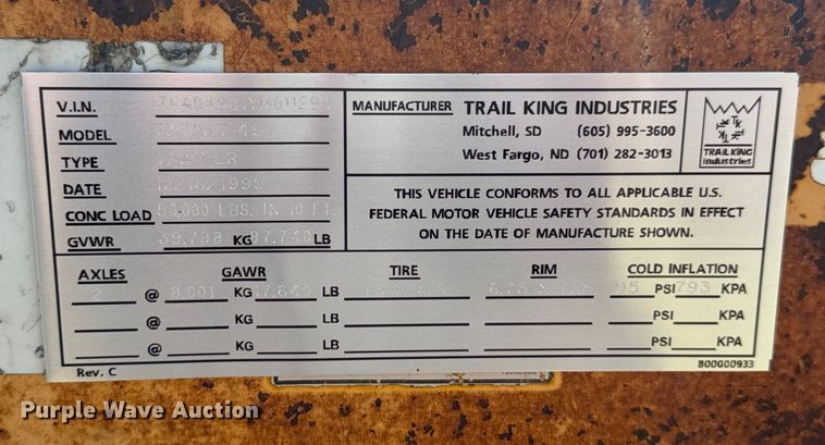 image for item DX0848 2000 Trail King TK70HT-492 hydratail drop deck equipment trailer
