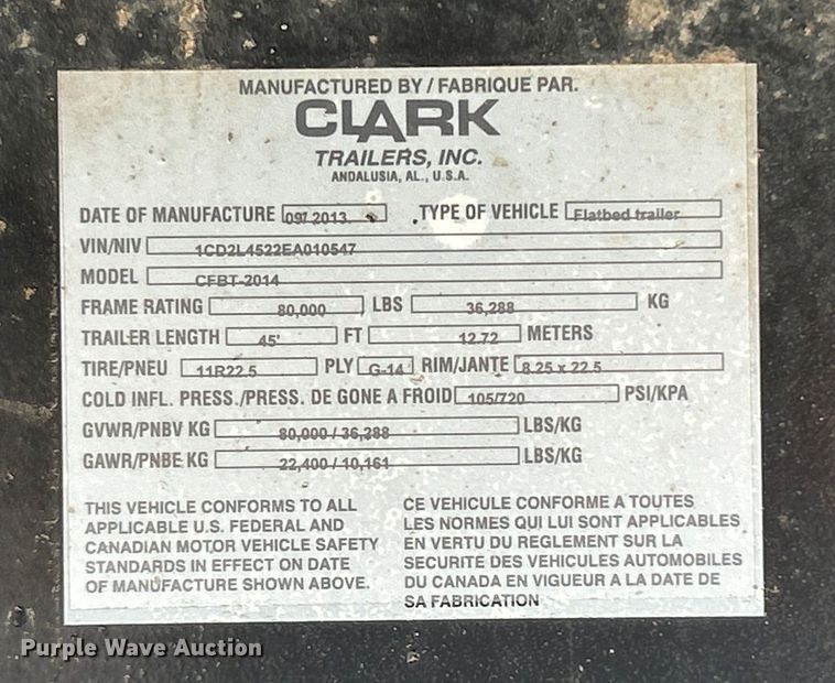 image for item EG0750 2014 Clark Trailers flatbed trailer