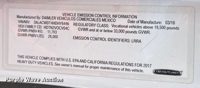 image for item EJ2684 2017 Freightliner  Business Class M2 truck cab and chassis