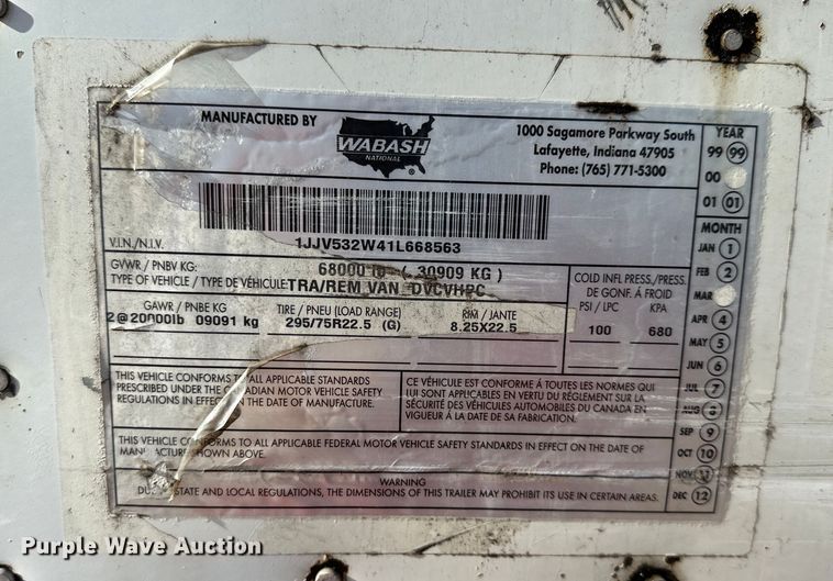 image for item EJ6997 2001 Wabash  dry van trailer